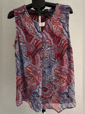 JM Collection Red and Blue Paisley V-Neck Sleeveless Top